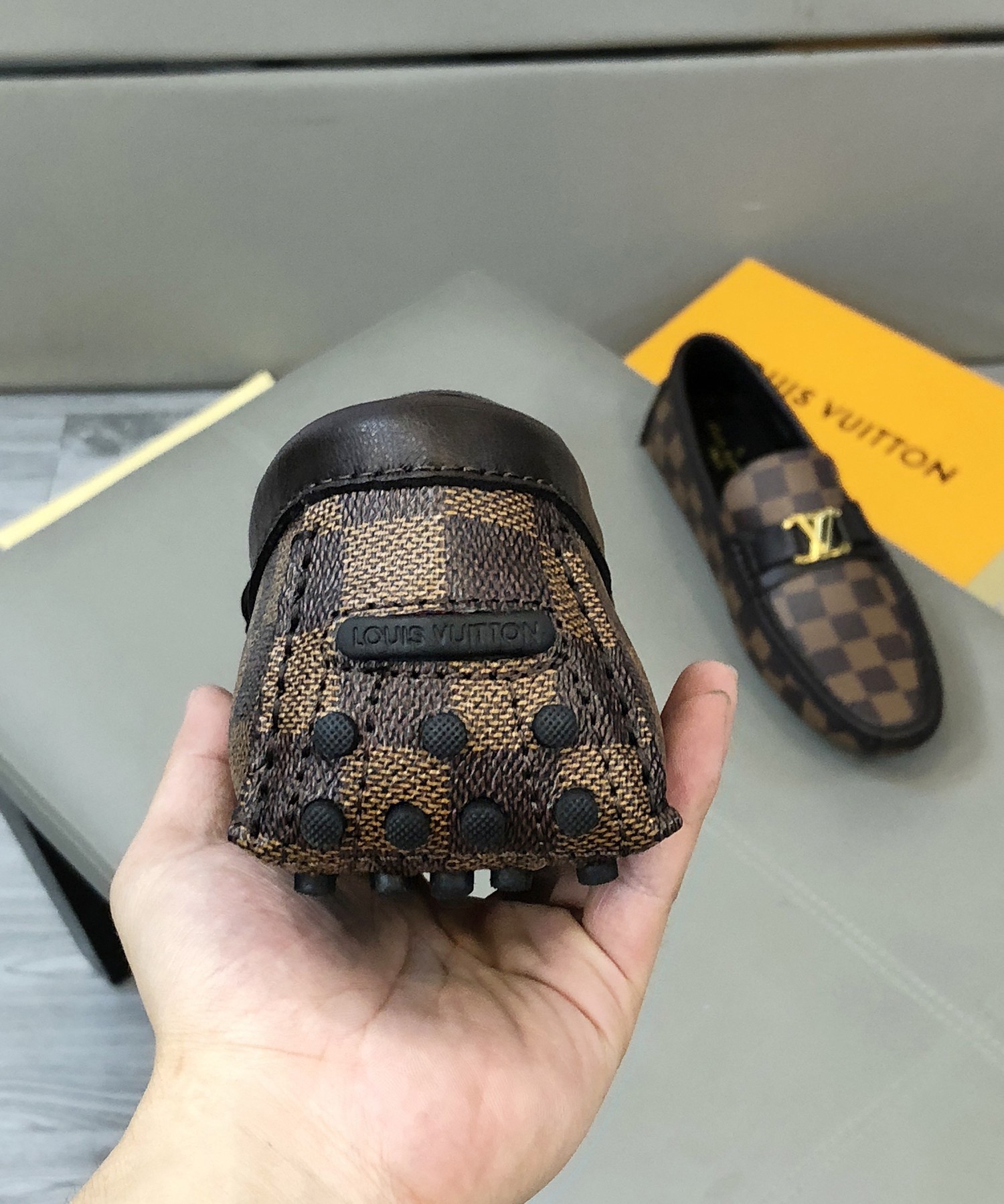 Authentic Louis Vuitton Men Shoes Damier Graphite Loafers UK 11