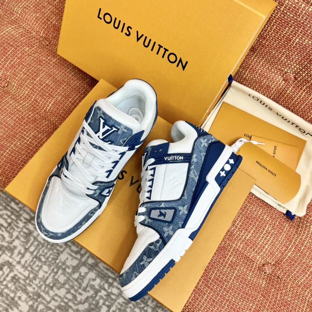 Replica Louis Vuitton Men's LV Trainer Sneakers In Blue Monogram Denim