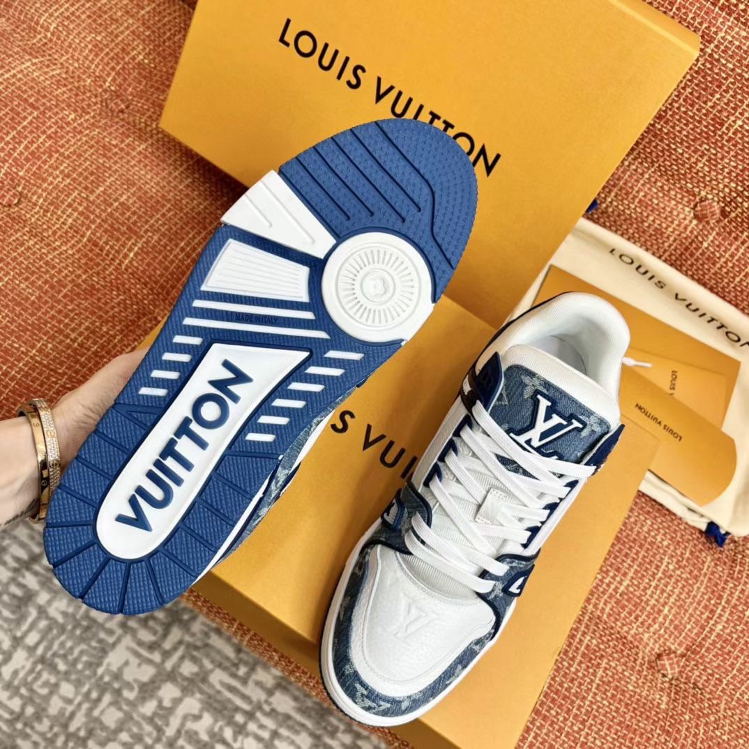 Replica Louis Vuitton LV Trainer Sneakers In Blue Denim Leather in