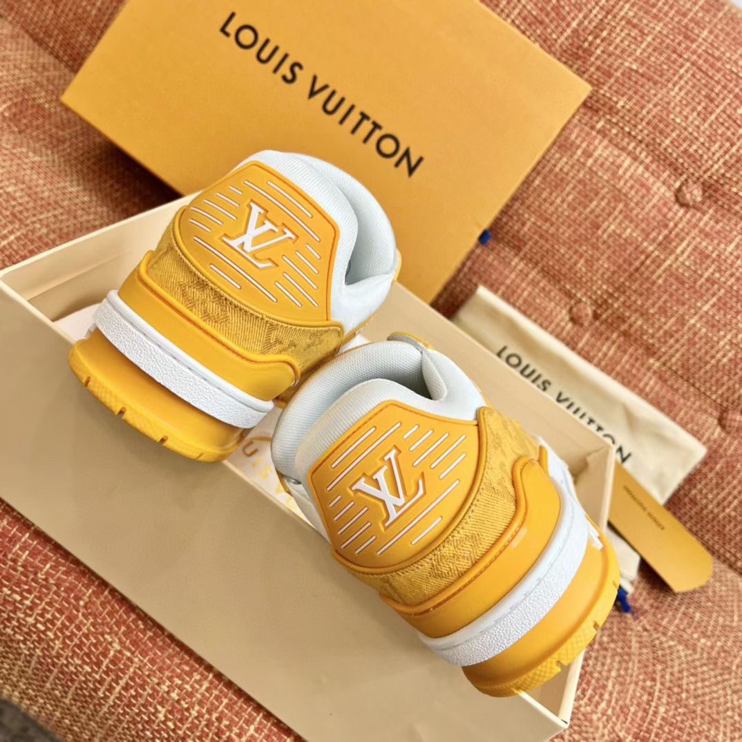 Replica Louis Vuitton Men's LV Trainer Sneakers In Yellow Denim with Mesh