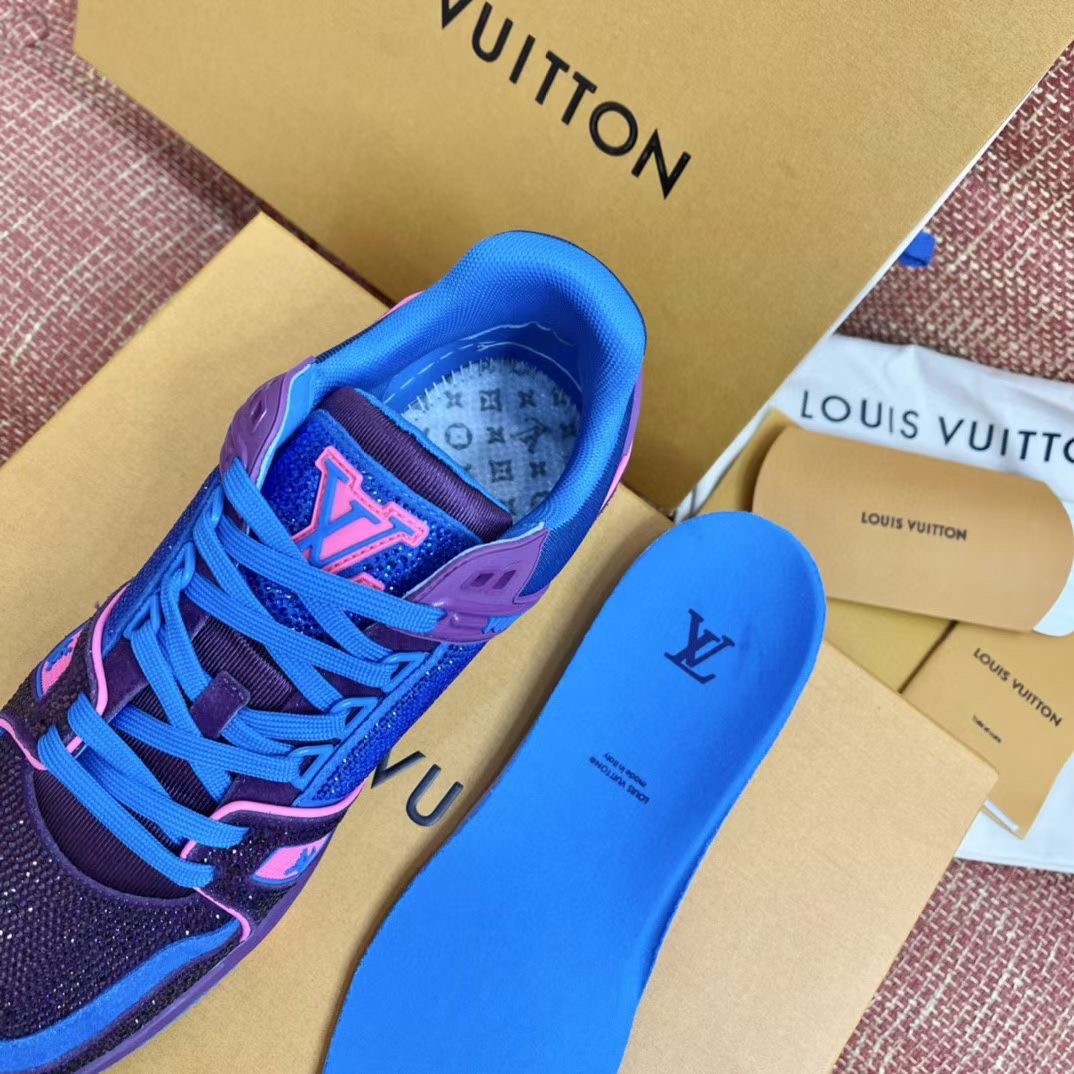 Replica Louis Vuitton Men's LV Trainer Sneakers In Purple Crystals