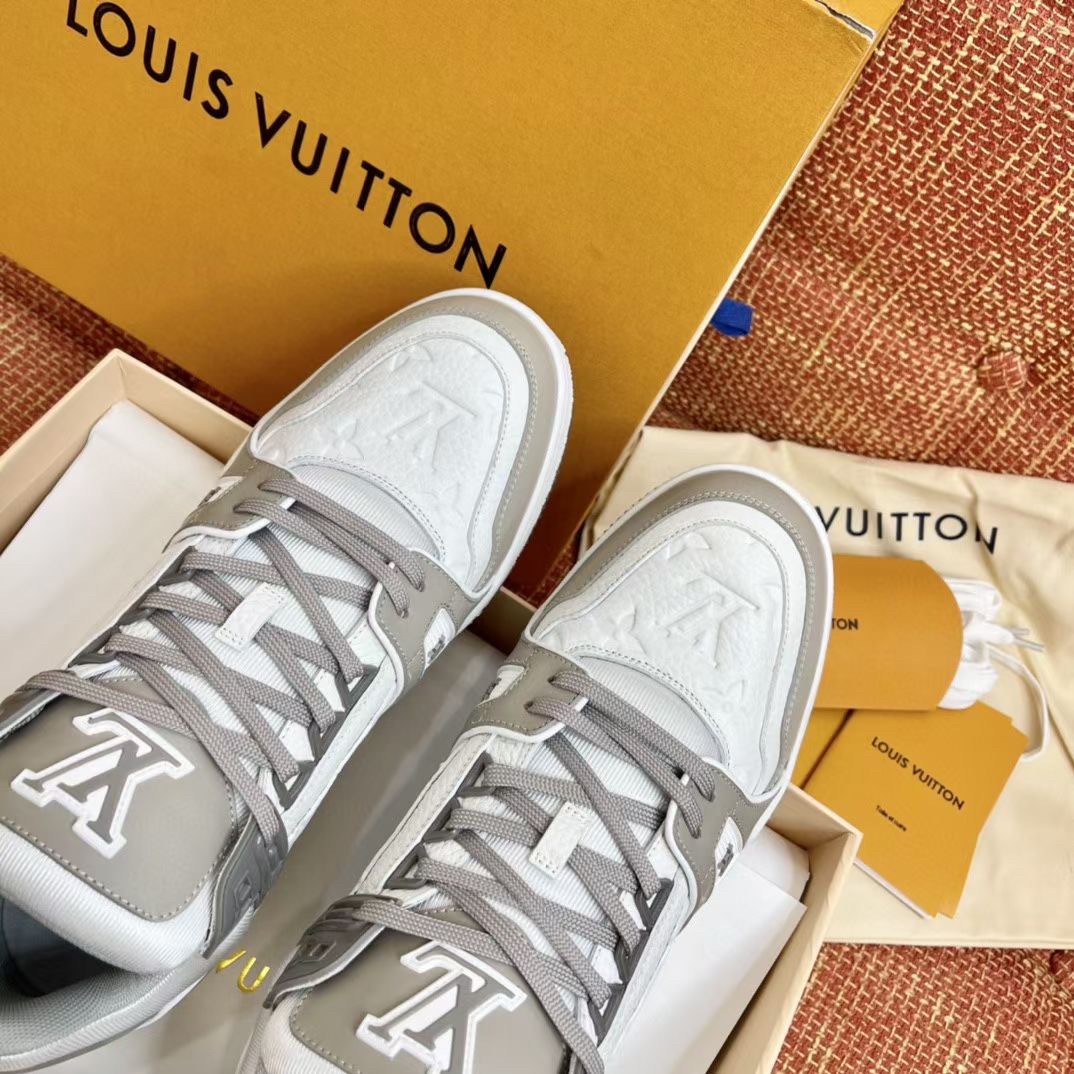 Louis Vuitton White/Grey Leather and Rubber Trainer Low Top
