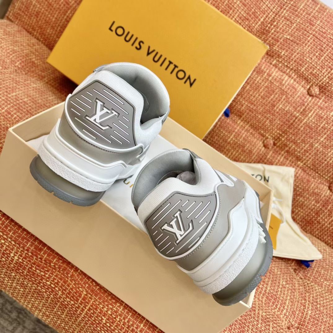 Replica Louis Vuitton Men's LV Trainer Sneakers In White/Grey Leather