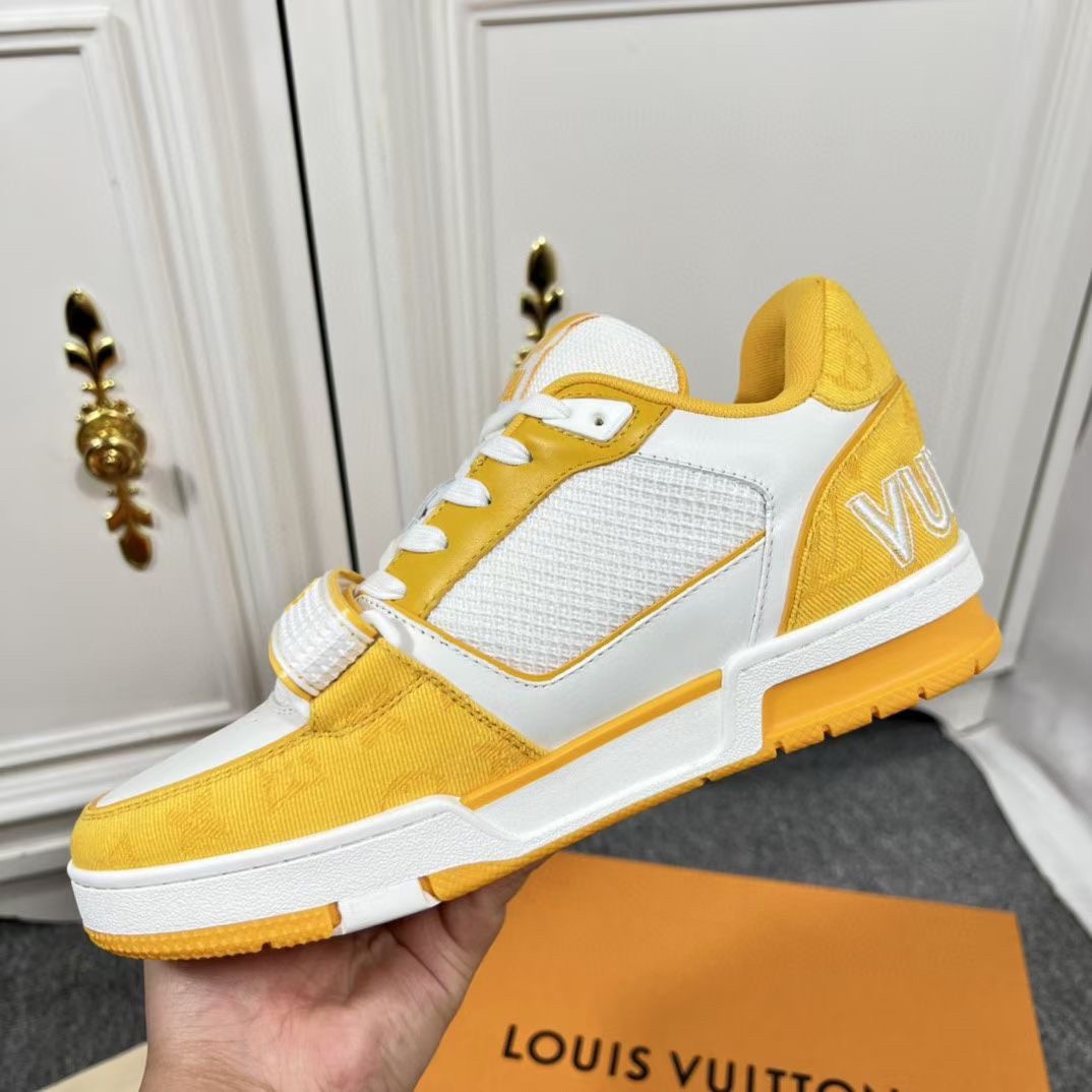 Replica Louis Vuitton Men's LV Trainer Sneakers In Yellow Denim