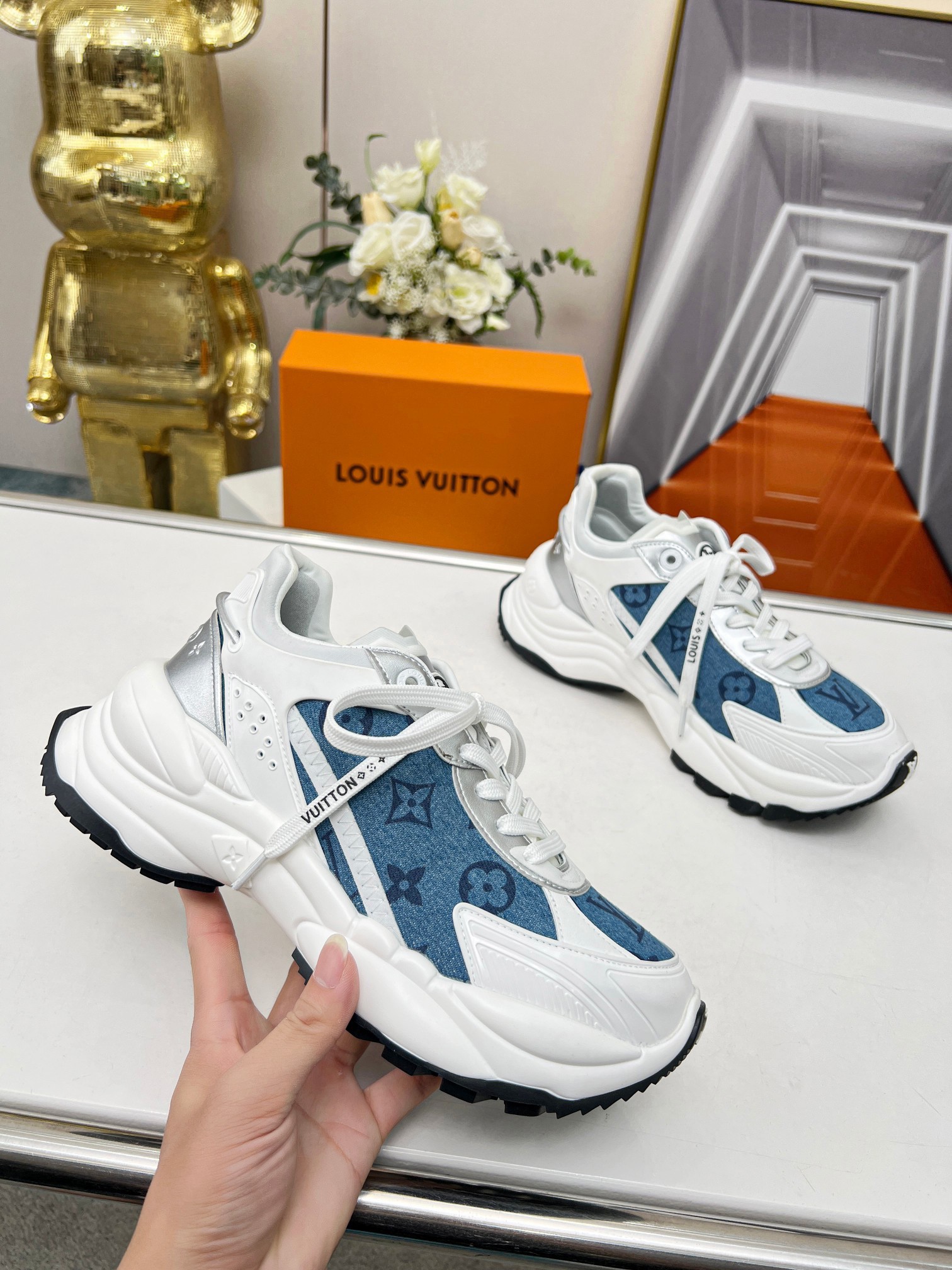 Louis Vuitton, Shoes, Authentic Louis Vuitton Run Away Sneakers Monogram  Denim Leather Size 1